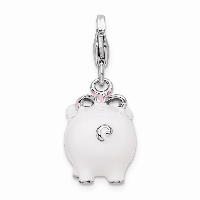 Million Charms 925 Sterling Silver Rhodium-Plated 3-D Enameled Pig With Lobster Clasp Charm