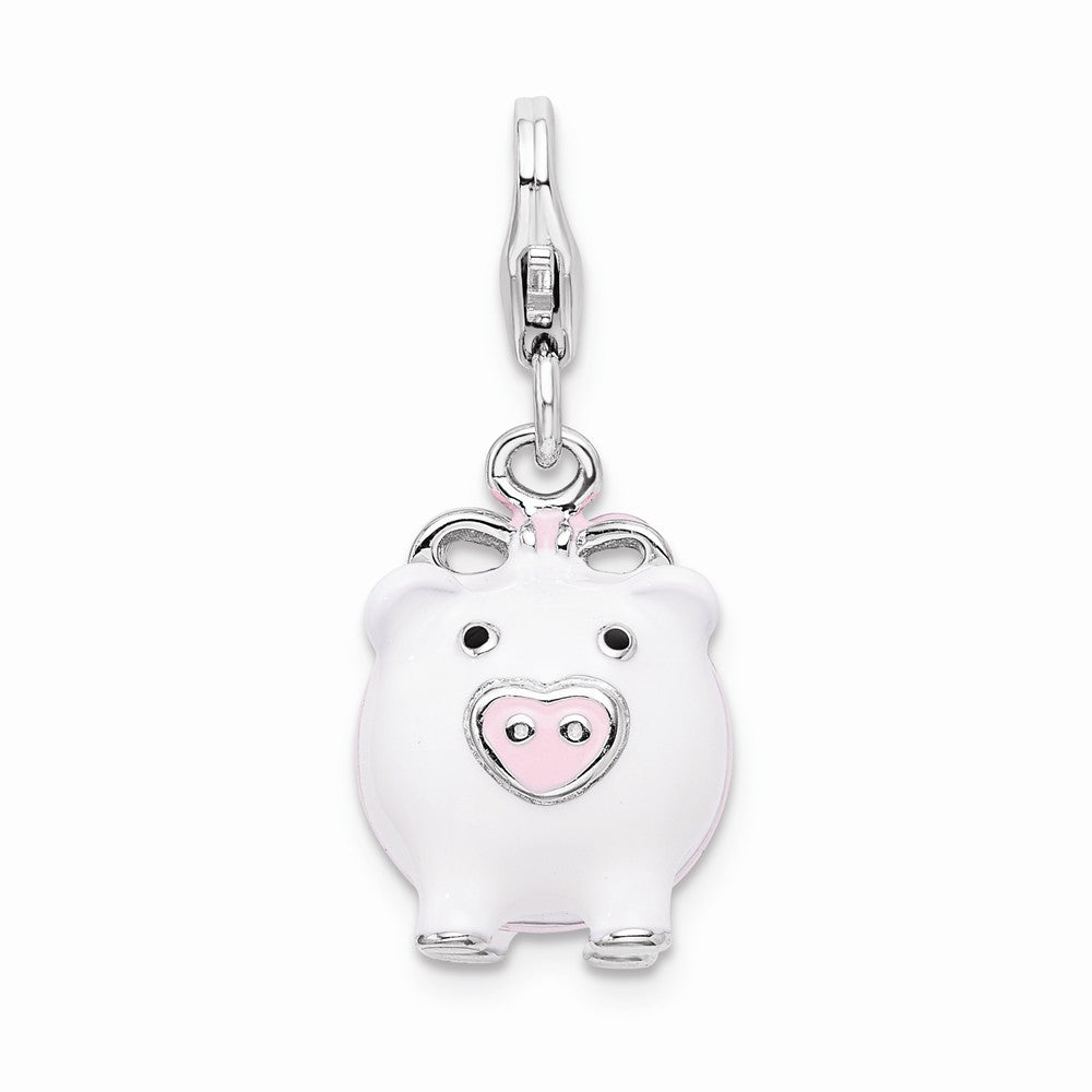 Million Charms 925 Sterling Silver Rhodium-Plated 3-D Enameled Pig With Lobster Clasp Charm