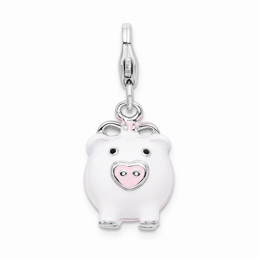 Million Charms 925 Sterling Silver Rhodium-Plated 3-D Enameled Pig With Lobster Clasp Charm