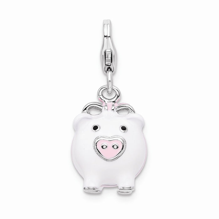 Million Charms 925 Sterling Silver Rhodium-Plated 3-D Enameled Pig With Lobster Clasp Charm