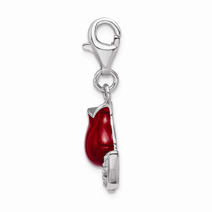 Million Charms 925 Sterling Silver Rhodium-Plated (Cubic Zirconia) CZ Red Enameled Tulip Flower With Lobster Clasp Charm