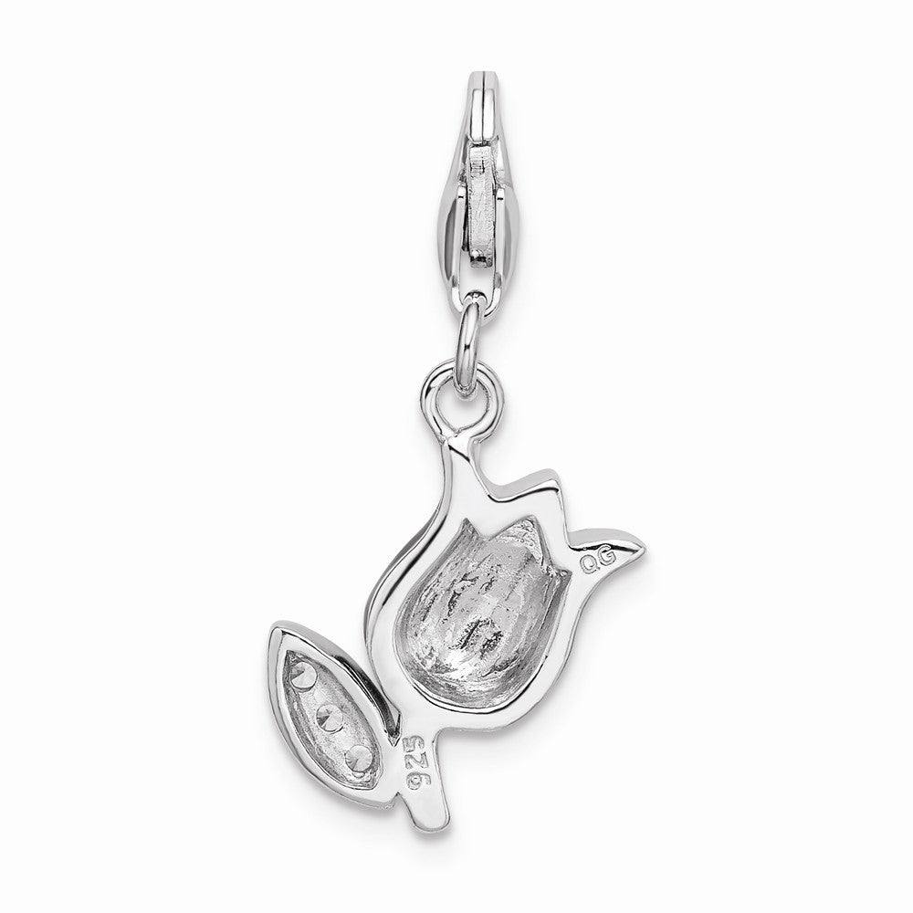 Million Charms 925 Sterling Silver Rhodium-Plated (Cubic Zirconia) CZ Red Enameled Tulip Flower With Lobster Clasp Charm