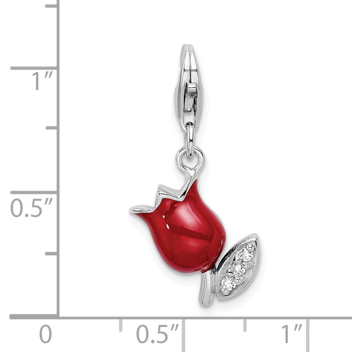 Million Charms 925 Sterling Silver Rhodium-Plated (Cubic Zirconia) CZ Red Enameled Tulip Flower With Lobster Clasp Charm