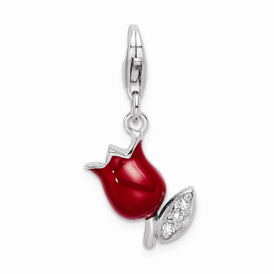 Million Charms 925 Sterling Silver Rhodium-Plated (Cubic Zirconia) CZ Red Enameled Tulip Flower With Lobster Clasp Charm