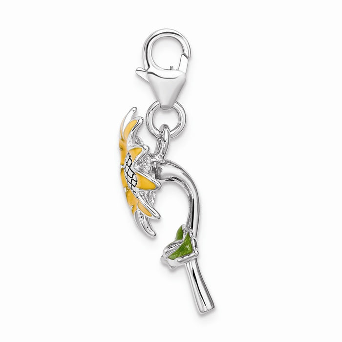 Million Charms 925 Sterling Silver Rhodium-Plated 3-D Enameled Sunflower With Lobster Clasp Charm