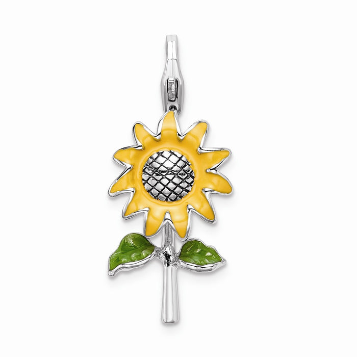 Million Charms 925 Sterling Silver Rhodium-Plated 3-D Enameled Sunflower With Lobster Clasp Charm