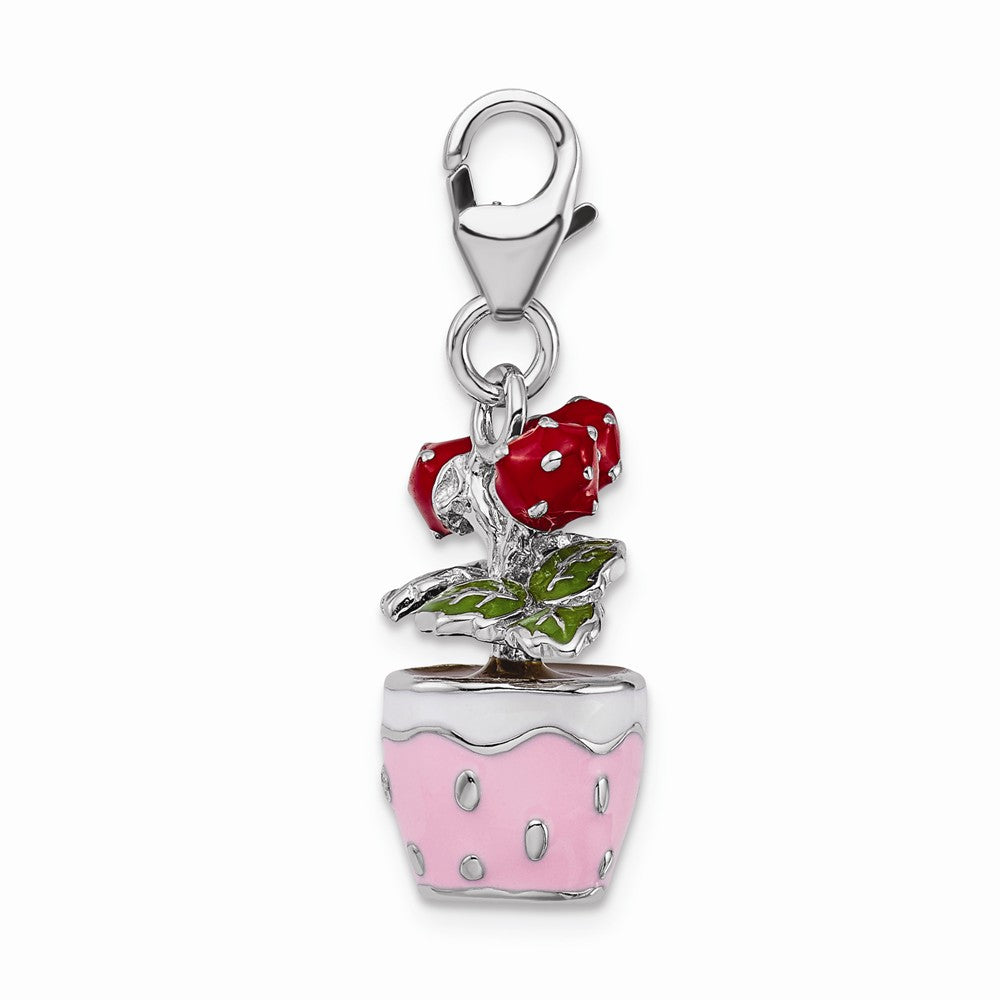 Million Charms 925 Sterling Silver Rhodium-Plated 3-D Enameled Flowers In Pot With Lobster Clasp Charm