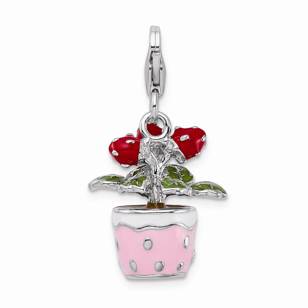 Million Charms 925 Sterling Silver Rhodium-Plated 3-D Enameled Flowers In Pot With Lobster Clasp Charm