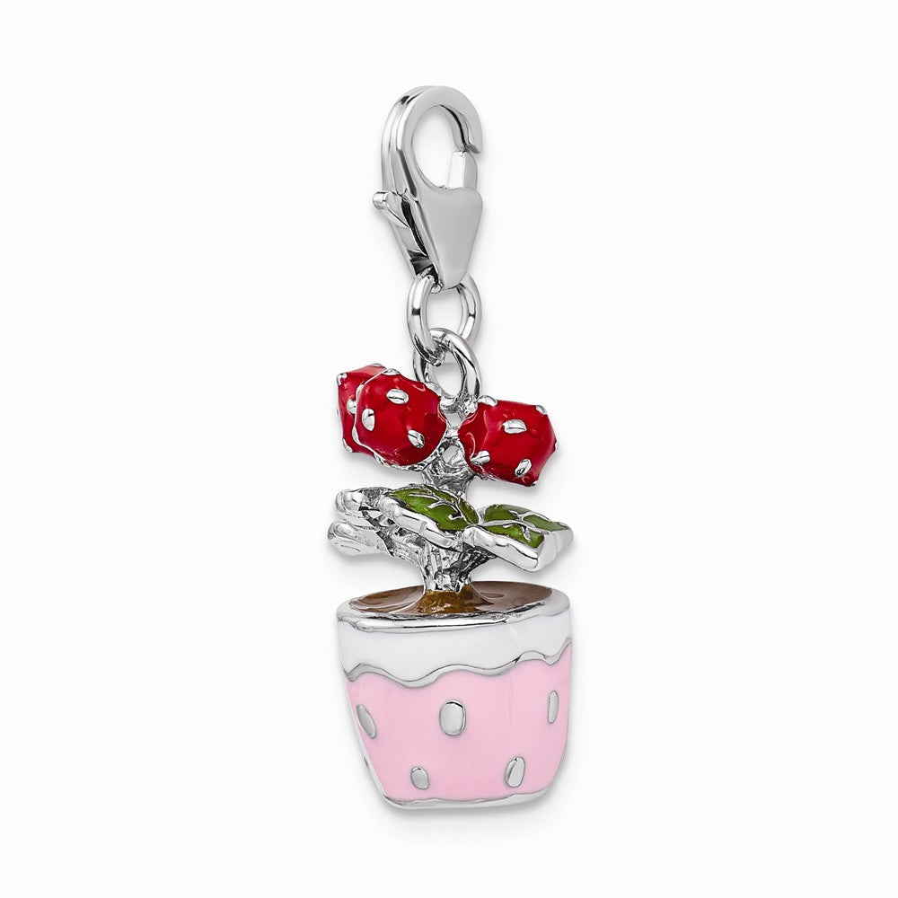 Million Charms 925 Sterling Silver Rhodium-Plated 3-D Enameled Flowers In Pot With Lobster Clasp Charm