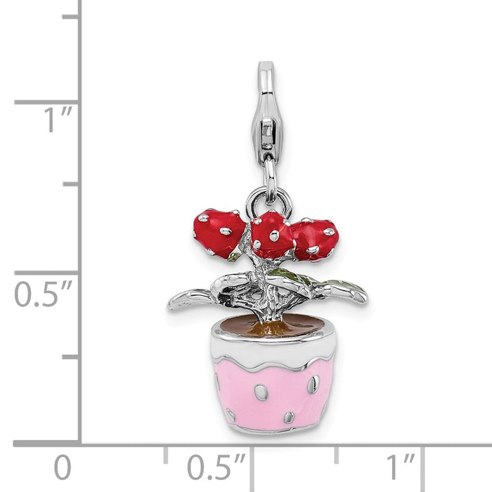 Million Charms 925 Sterling Silver Rhodium-Plated 3-D Enameled Flowers In Pot With Lobster Clasp Charm