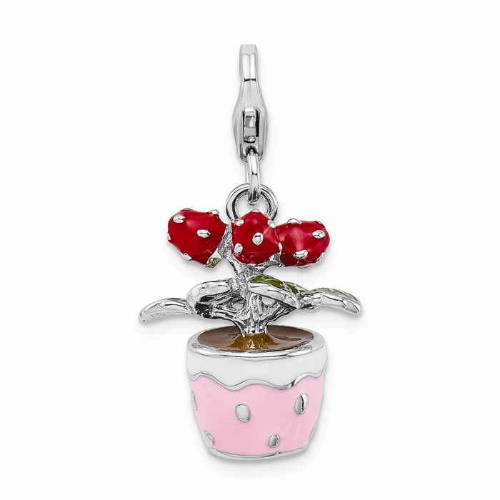 Million Charms 925 Sterling Silver Rhodium-Plated 3-D Enameled Flowers In Pot With Lobster Clasp Charm