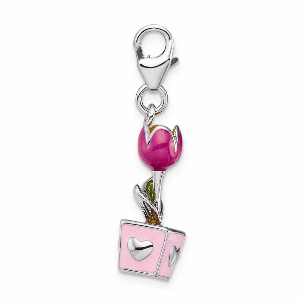 Million Charms 925 Sterling Silver Rhodium-Plated 3-D Pink Enameled Potted Tulip With Lobster Clasp Charm