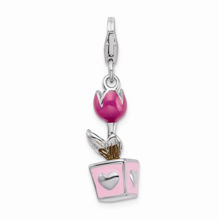 Million Charms 925 Sterling Silver Rhodium-Plated 3-D Pink Enameled Potted Tulip With Lobster Clasp Charm