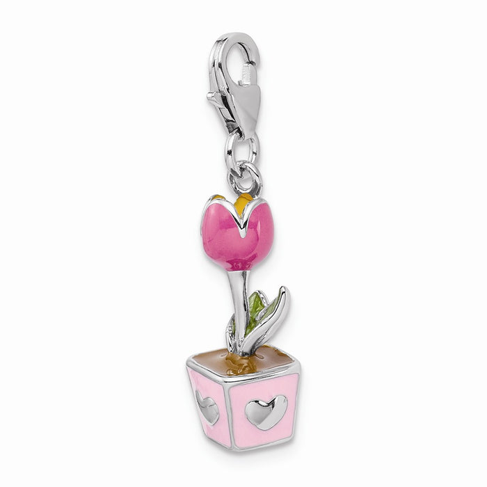 Million Charms 925 Sterling Silver Rhodium-Plated 3-D Pink Enameled Potted Tulip With Lobster Clasp Charm
