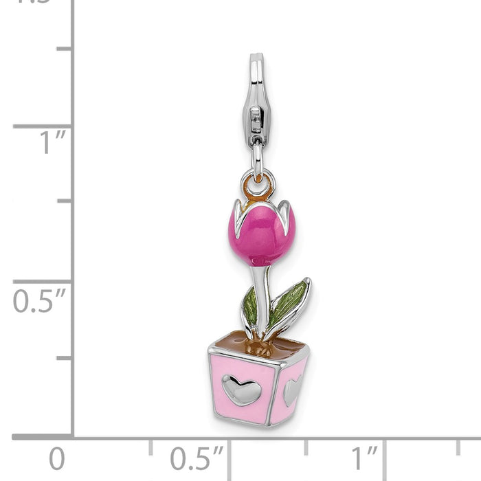 Million Charms 925 Sterling Silver Rhodium-Plated 3-D Pink Enameled Potted Tulip With Lobster Clasp Charm