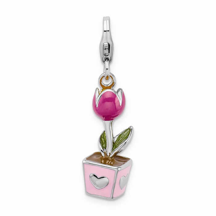 Million Charms 925 Sterling Silver Rhodium-Plated 3-D Pink Enameled Potted Tulip With Lobster Clasp Charm