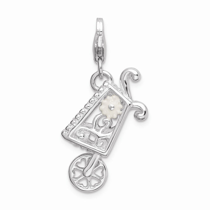 Million Charms 925 Sterling Silver Rhodium-Plated 3-D Enameled Wheelbarrow With Lobster Clasp Charm