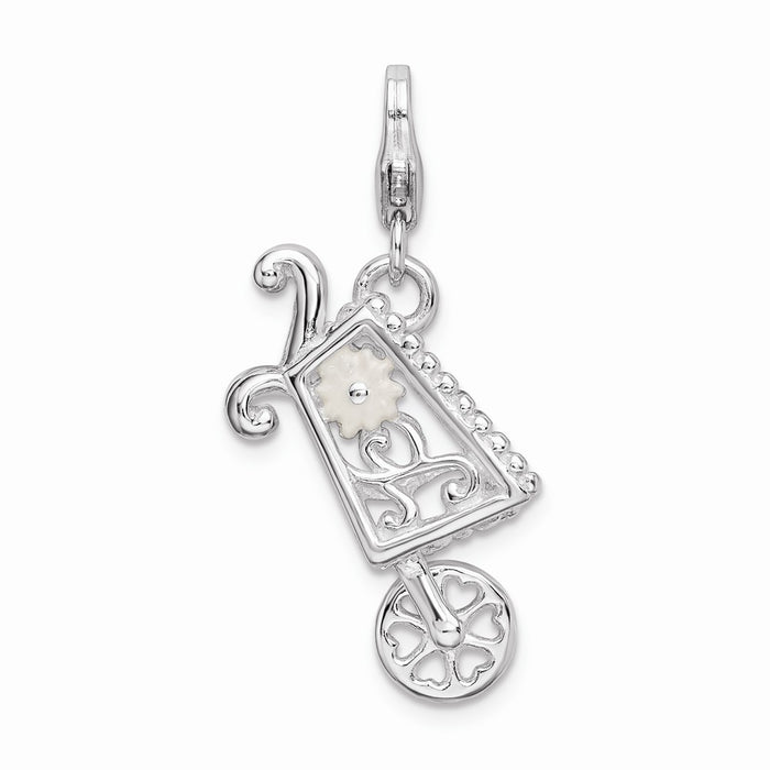 Million Charms 925 Sterling Silver Rhodium-Plated 3-D Enameled Wheelbarrow With Lobster Clasp Charm