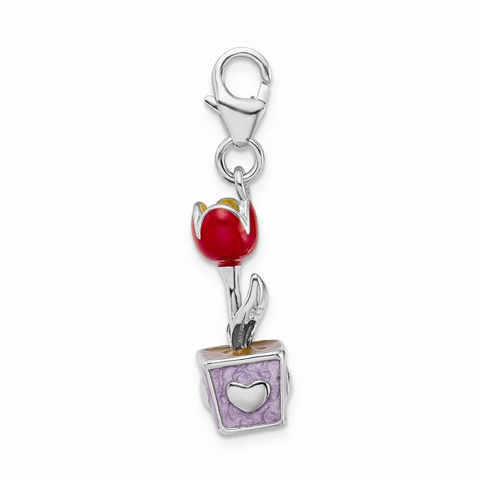 Million Charms 925 Sterling Silver With Rhodium-Plated 3-D Red Enamel Potted Tulip Flower With Lobster Clasp Charm