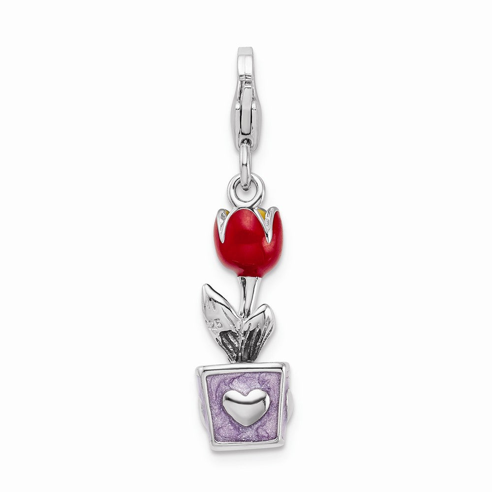 Million Charms 925 Sterling Silver With Rhodium-Plated 3-D Red Enamel Potted Tulip Flower With Lobster Clasp Charm