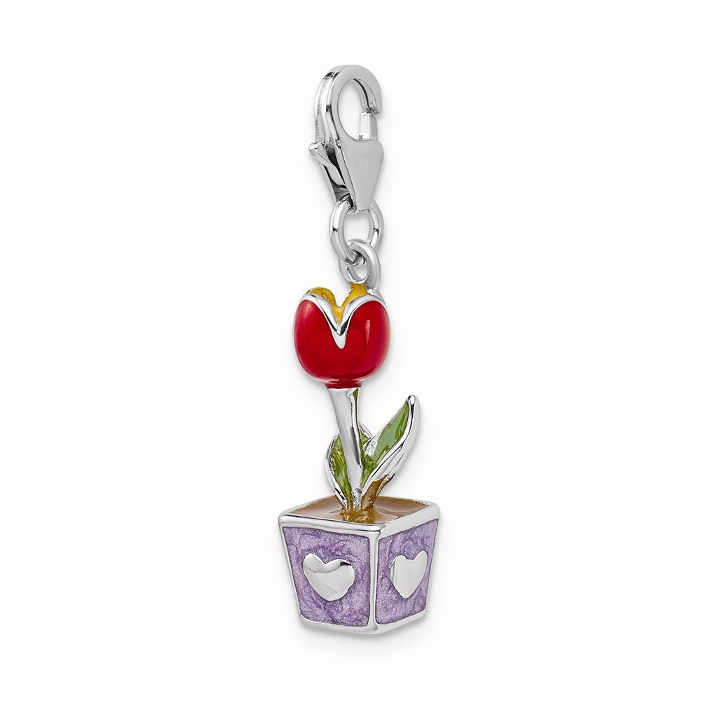 Million Charms 925 Sterling Silver With Rhodium-Plated 3-D Red Enamel Potted Tulip Flower With Lobster Clasp Charm