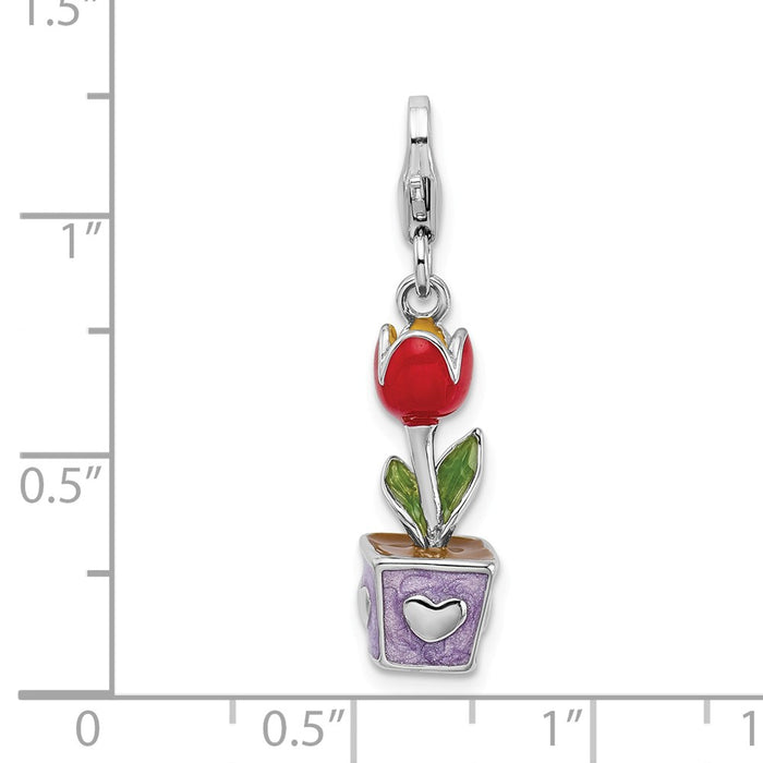 Million Charms 925 Sterling Silver With Rhodium-Plated 3-D Red Enamel Potted Tulip Flower With Lobster Clasp Charm