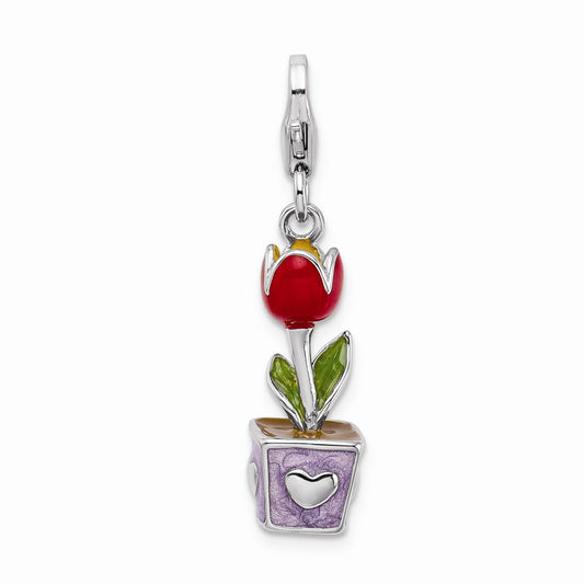 Million Charms 925 Sterling Silver With Rhodium-Plated 3-D Red Enamel Potted Tulip Flower With Lobster Clasp Charm