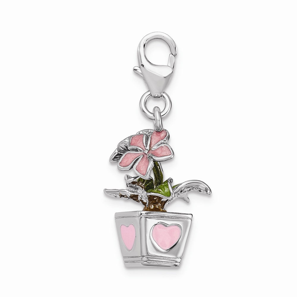 Million Charms 925 Sterling Silver Rhodium-Plated 3-D Enameled Potted Flowers With Lobster Clasp Charm