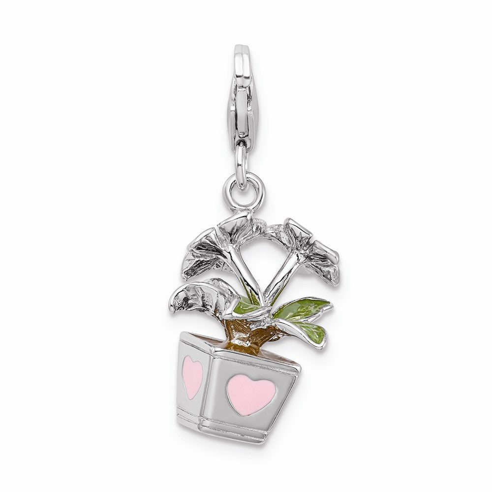 Million Charms 925 Sterling Silver Rhodium-Plated 3-D Enameled Potted Flowers With Lobster Clasp Charm