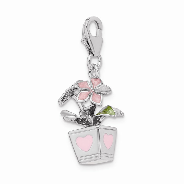 Million Charms 925 Sterling Silver Rhodium-Plated 3-D Enameled Potted Flowers With Lobster Clasp Charm