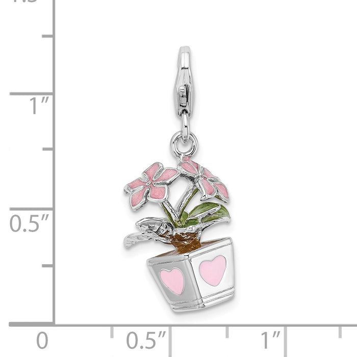 Million Charms 925 Sterling Silver Rhodium-Plated 3-D Enameled Potted Flowers With Lobster Clasp Charm