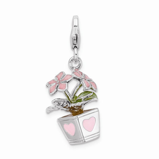 Million Charms 925 Sterling Silver Rhodium-Plated 3-D Enameled Potted Flowers With Lobster Clasp Charm