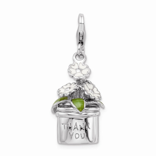 Million Charms 925 Sterling Silver With Rhodium-Plated 3-D Enameled Thank You Flowers With Lobster Clasp Charm
