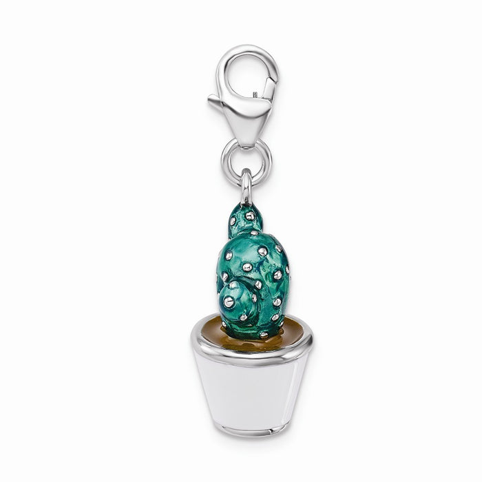 Million Charms 925 Sterling Silver With Rhodium-Plated 3-D Enameled Potted Green Cactus With Lobster Clasp Charm