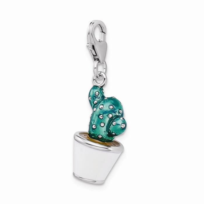 Million Charms 925 Sterling Silver With Rhodium-Plated 3-D Enameled Potted Green Cactus With Lobster Clasp Charm