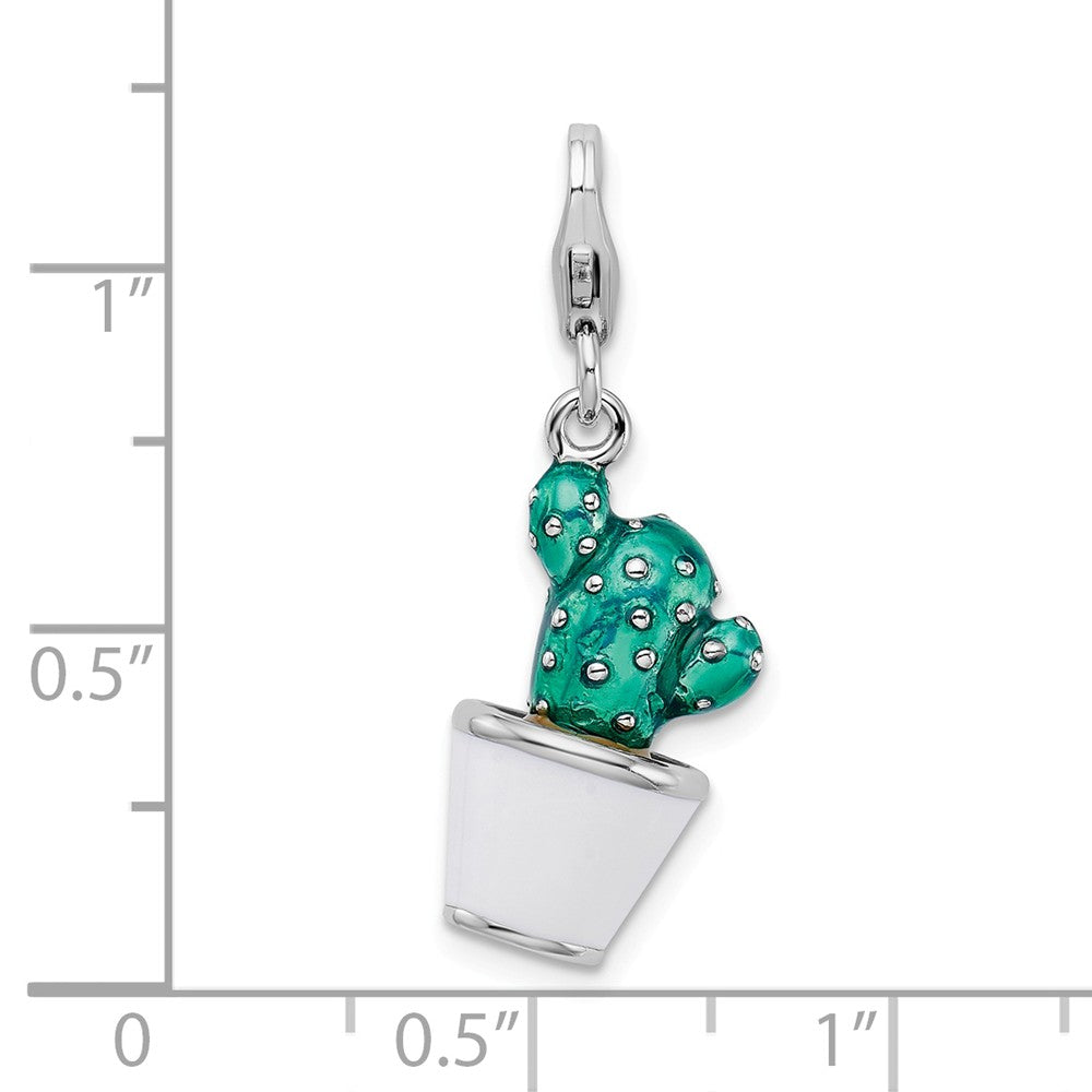 Million Charms 925 Sterling Silver With Rhodium-Plated 3-D Enameled Potted Green Cactus With Lobster Clasp Charm