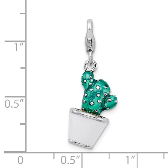 Million Charms 925 Sterling Silver With Rhodium-Plated 3-D Enameled Potted Green Cactus With Lobster Clasp Charm