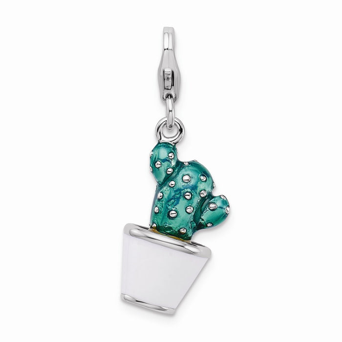 Million Charms 925 Sterling Silver With Rhodium-Plated 3-D Enameled Potted Green Cactus With Lobster Clasp Charm