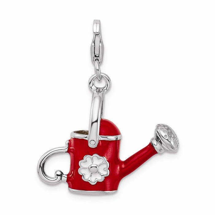 Million Charms 925 Sterling Silver With Rhodium-Plated 3-D Enameled Red Watering Can With Lobster Clasp Charm