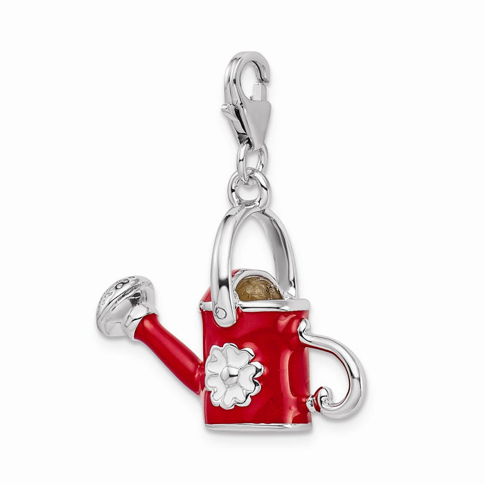 Million Charms 925 Sterling Silver With Rhodium-Plated 3-D Enameled Red Watering Can With Lobster Clasp Charm