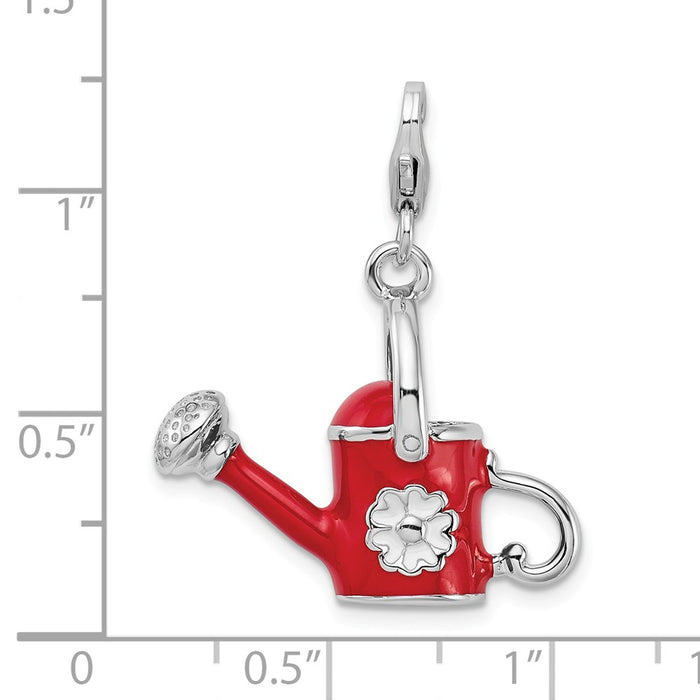 Million Charms 925 Sterling Silver With Rhodium-Plated 3-D Enameled Red Watering Can With Lobster Clasp Charm