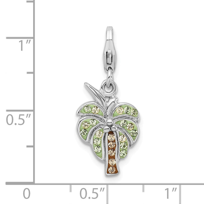 Million Charms 925 Sterling Silver With Rhodium-Plated Polished Swarovski Crystals Palm Tree With Lobster Clasp Charm