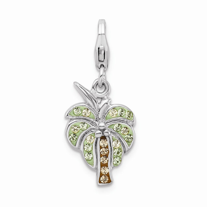 Million Charms 925 Sterling Silver With Rhodium-Plated Polished Swarovski Crystals Palm Tree With Lobster Clasp Charm