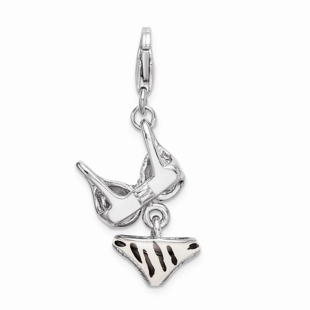 Million Charms 925 Sterling Silver Rhodium-Plated (Cubic Zirconia) CZ Polished Enamel Zebra Bikini Pendant