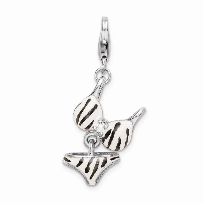 Million Charms 925 Sterling Silver Rhodium-Plated (Cubic Zirconia) CZ Polished Enamel Zebra Bikini Pendant
