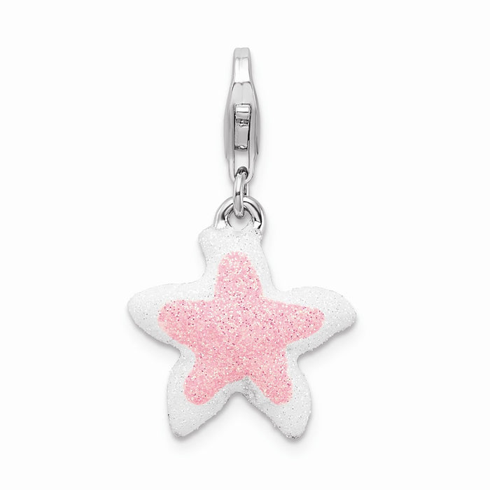 Million Charms 925 Sterling Silver With Rhodium-Plated Enameled Pink Sparkle Nautical Starfish With Lobster Clasp Charm