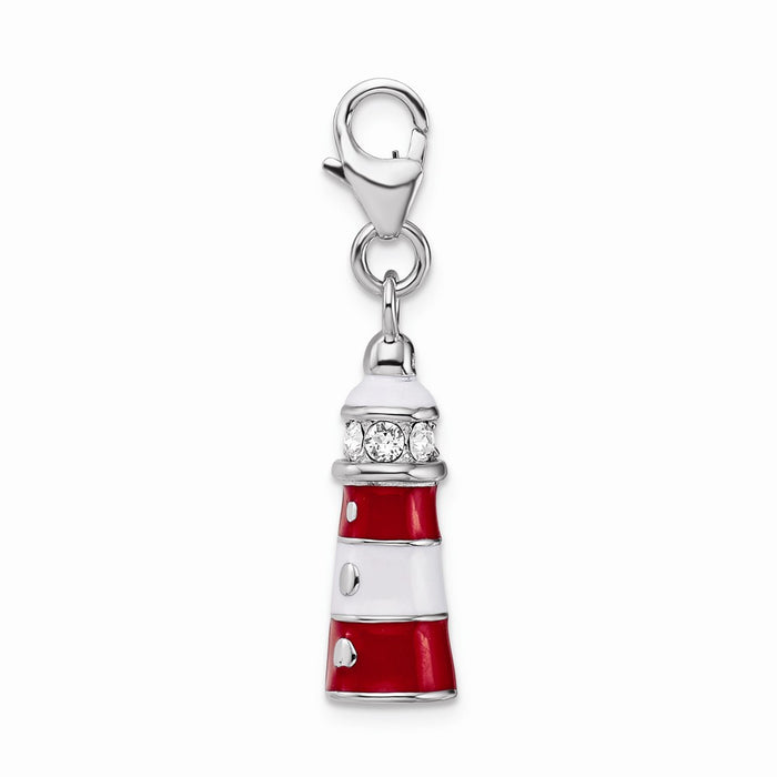 Million Charms 925 Sterling Silver With Rhodium-Plated Enamel Swarovski Crystal Lighthouse With Lobster Clasp Charm