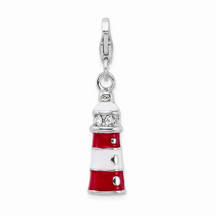 Million Charms 925 Sterling Silver With Rhodium-Plated Enamel Swarovski Crystal Lighthouse With Lobster Clasp Charm