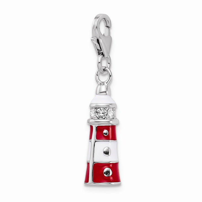 Million Charms 925 Sterling Silver With Rhodium-Plated Enamel Swarovski Crystal Lighthouse With Lobster Clasp Charm
