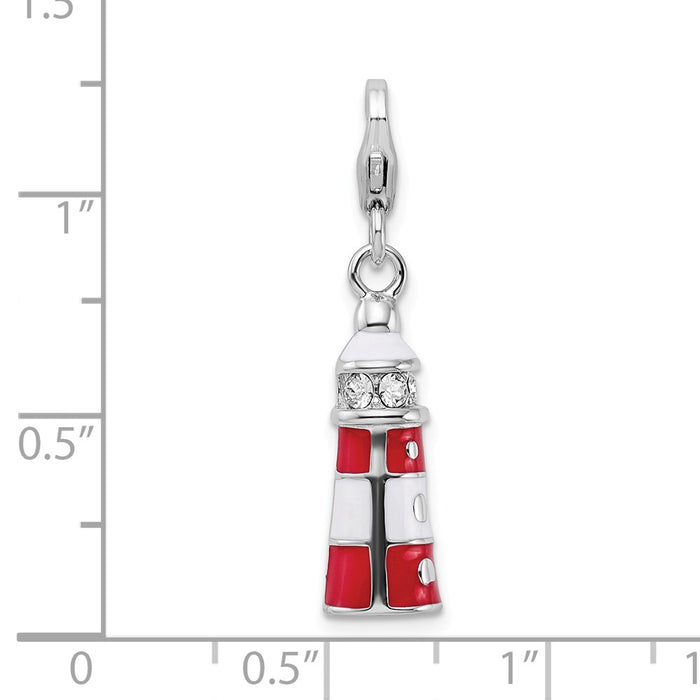 Million Charms 925 Sterling Silver With Rhodium-Plated Enamel Swarovski Crystal Lighthouse With Lobster Clasp Charm